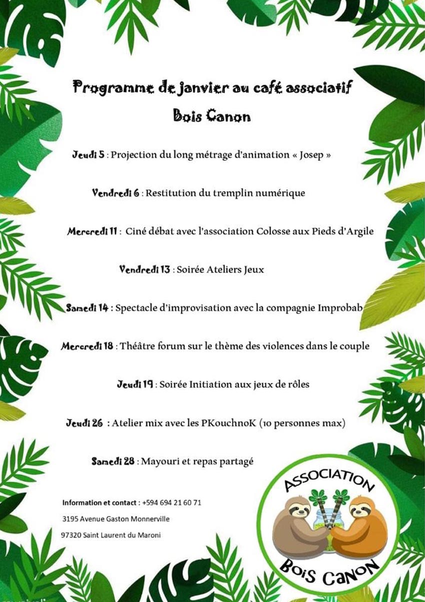 Programme de Janvier de l'association Bois Canon