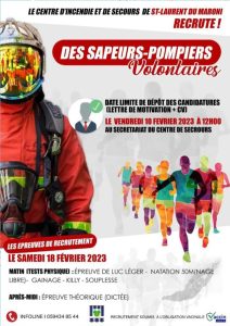 Recrutement de Sapeurs-pompiers volontaires à St-Laurent, le 18 février